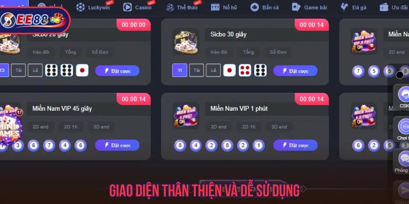 Giao diện web EE88 thân thiện, dễ sử dụng 